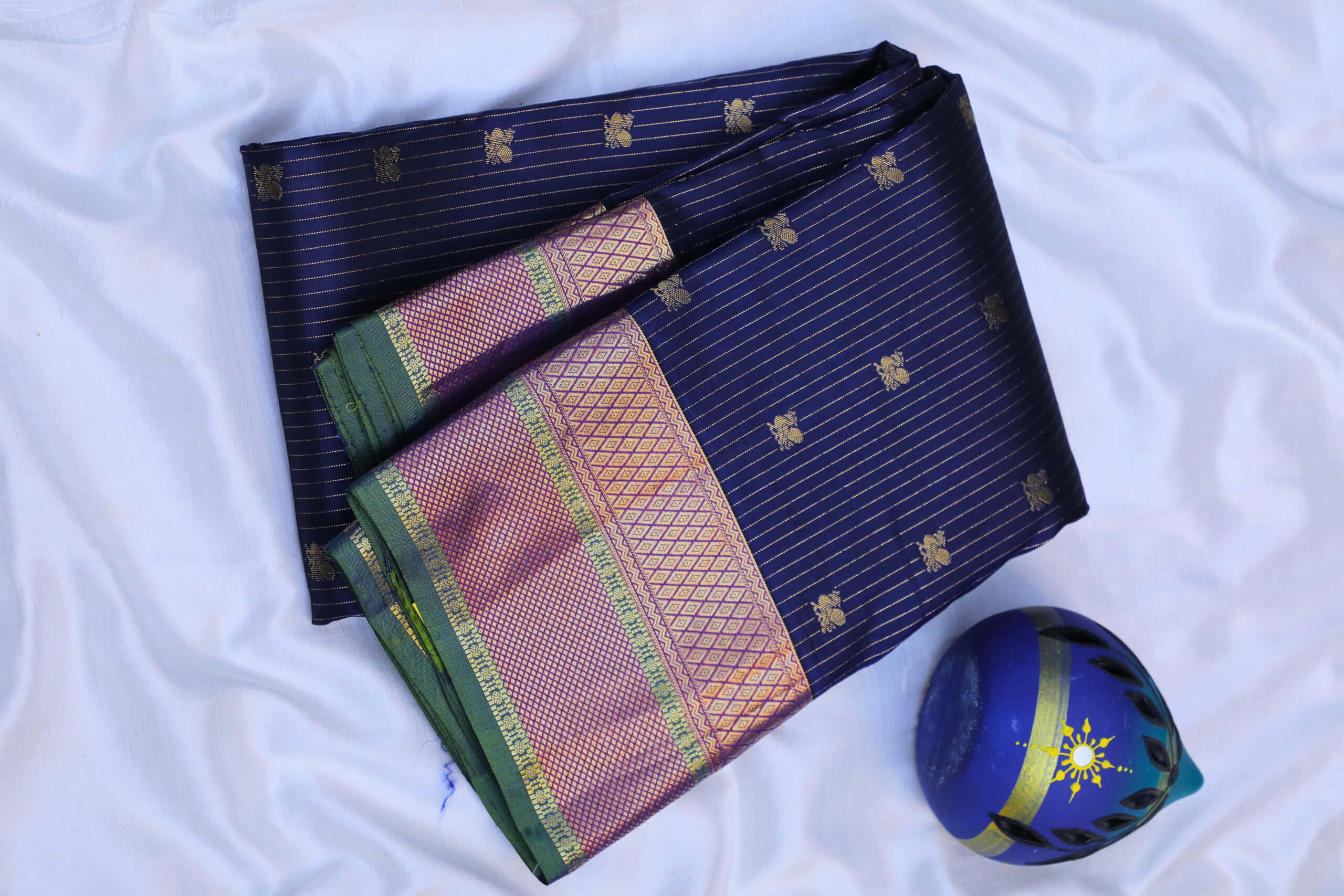 Navy Blue magenta pink silk