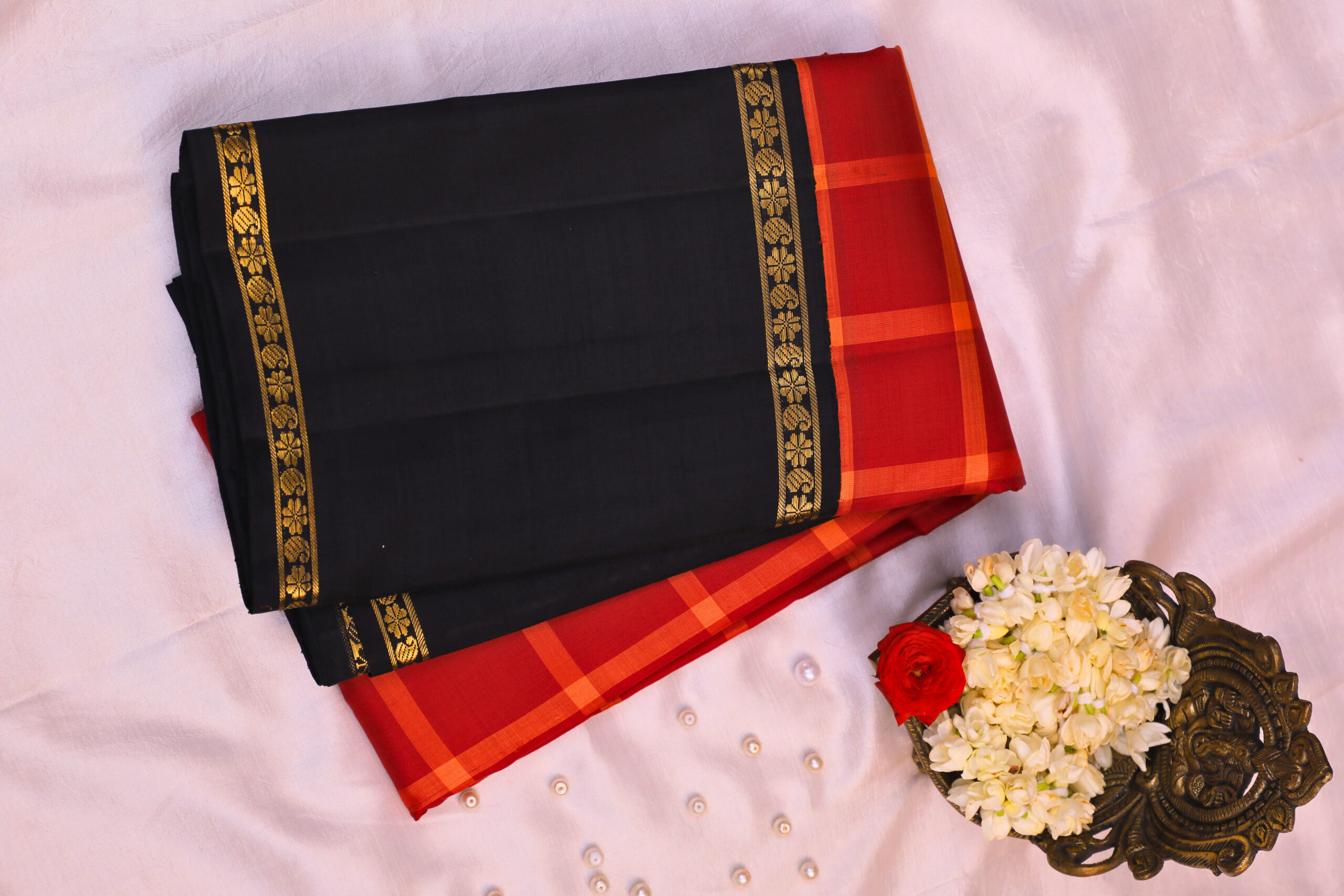 Pure Kanchipuram red kattam - black