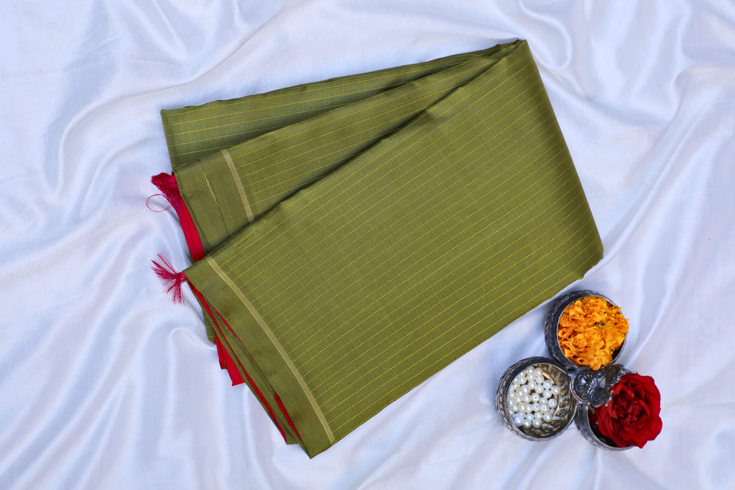 Pure Silk borderless mehendi green coral pink kanchipuram