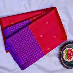 Coral pink - violet checks pure silk