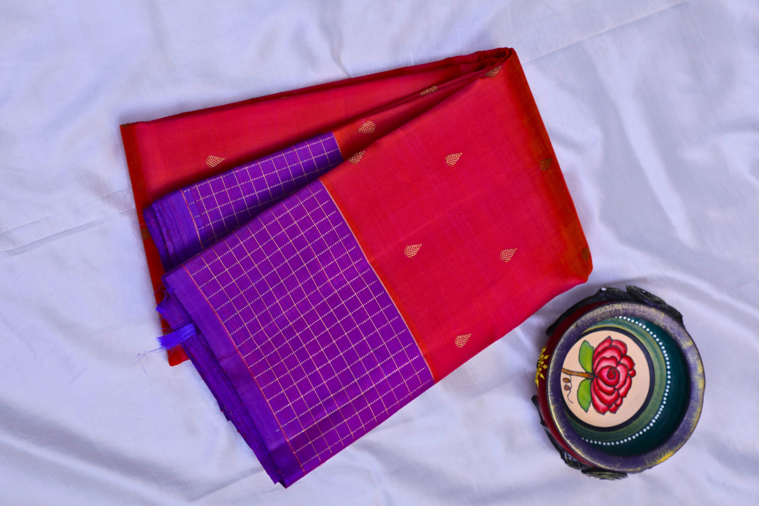 Coral pink - violet checks pure silk