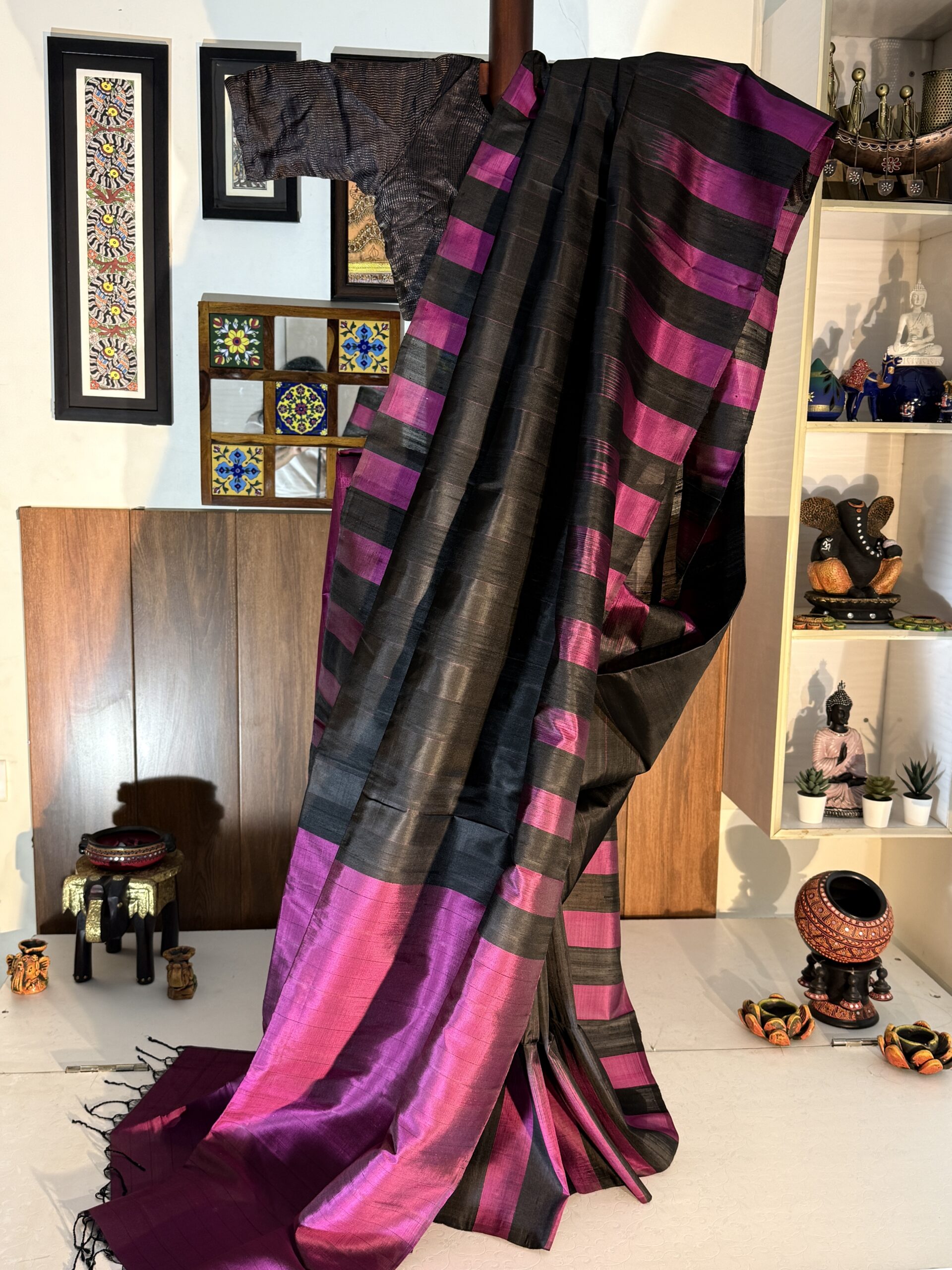 Midnight Black magenta Dupion Silk