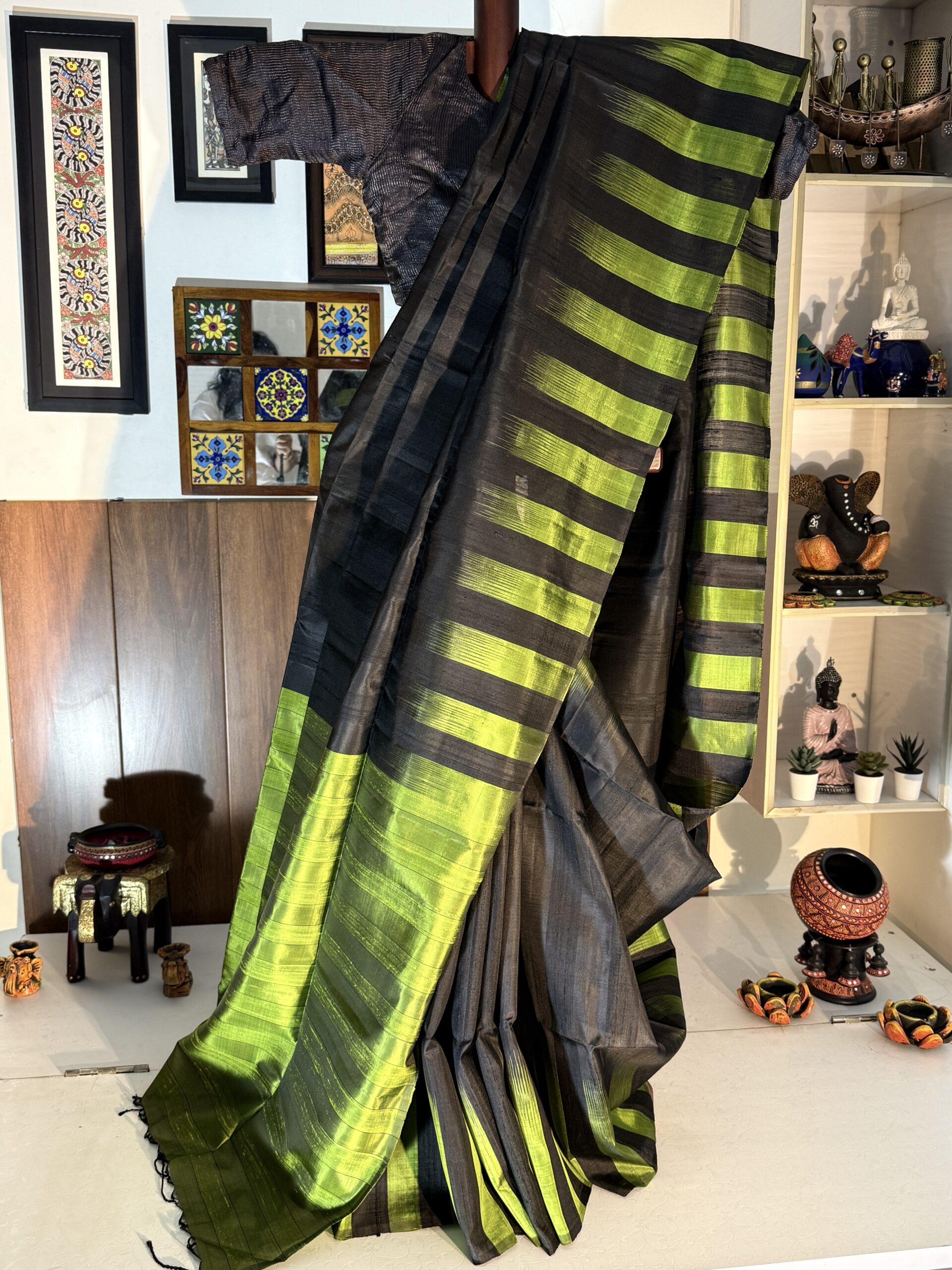 Midnight black highlighted green Dupion Silk