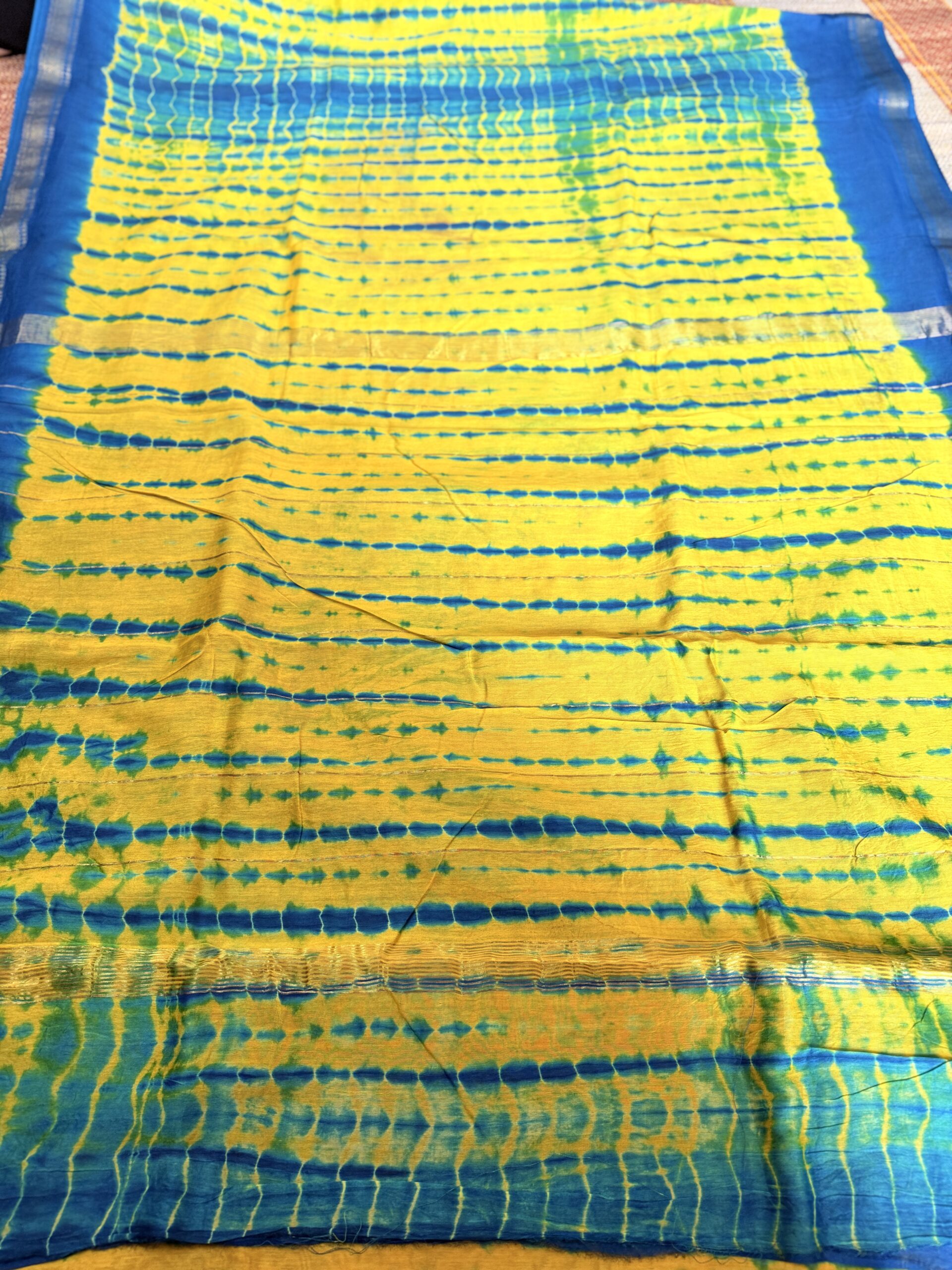 Yellow and blue Shibori Maheswari silk