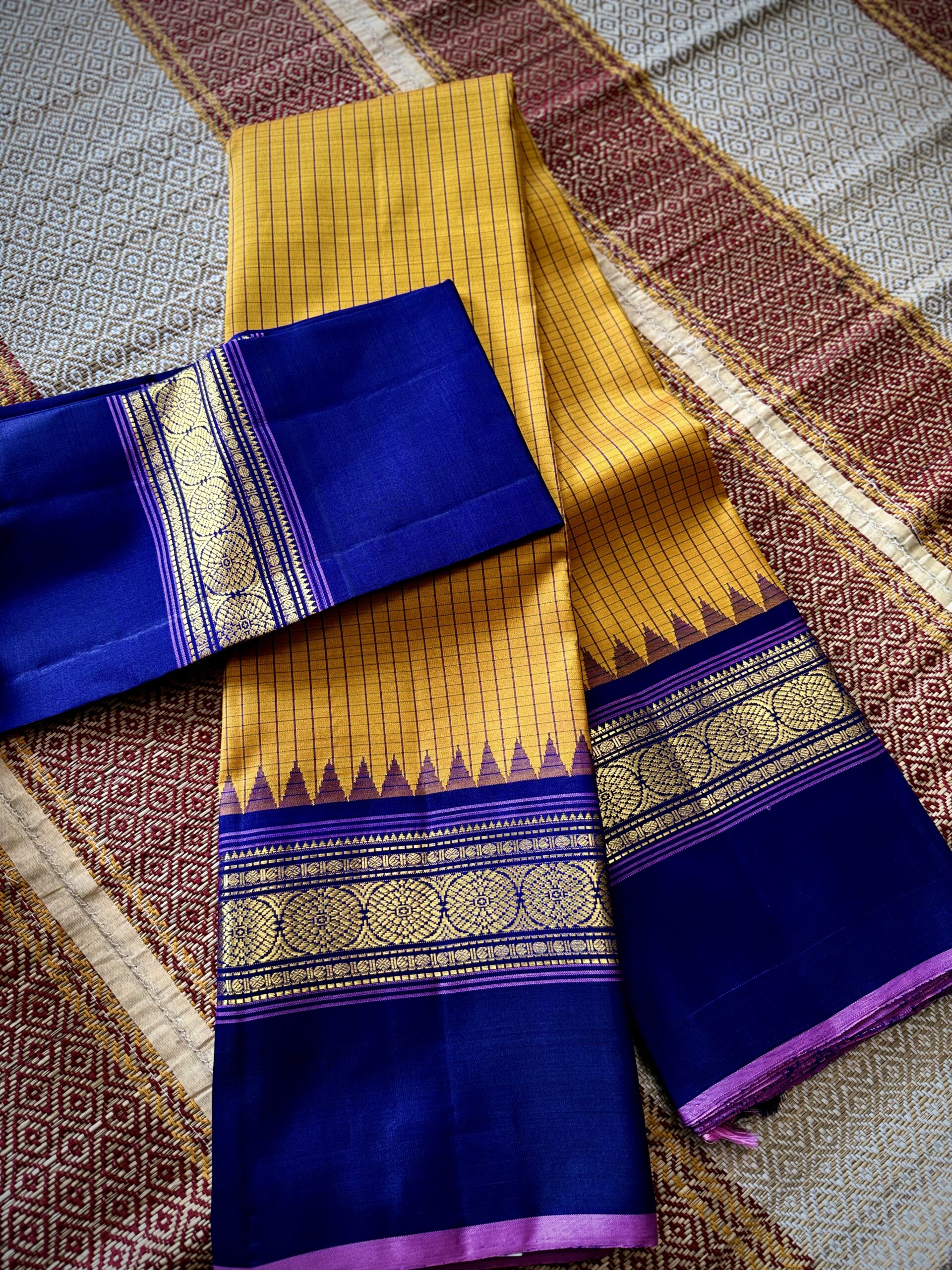 Mambalam yellow with indigo border Pure Kanchipuram