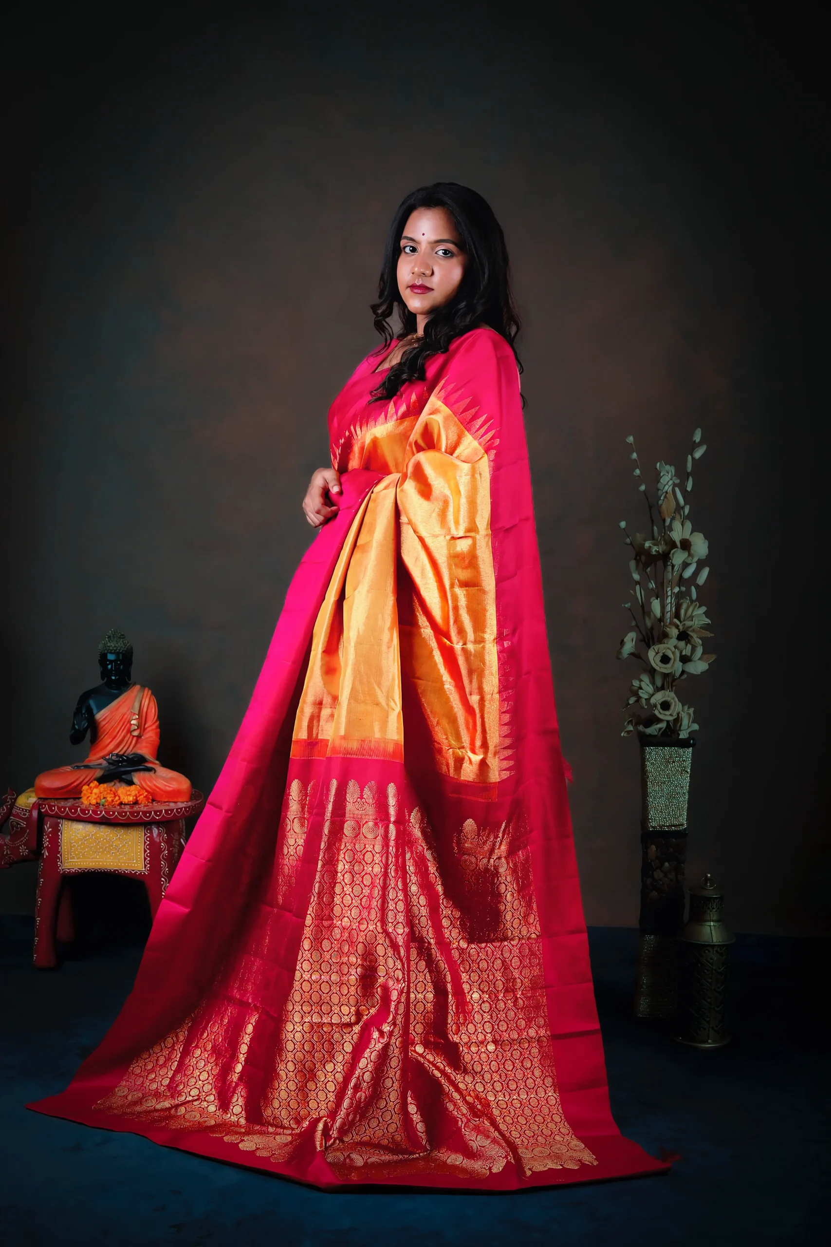 Pure Silk yellow and pink tissue saree